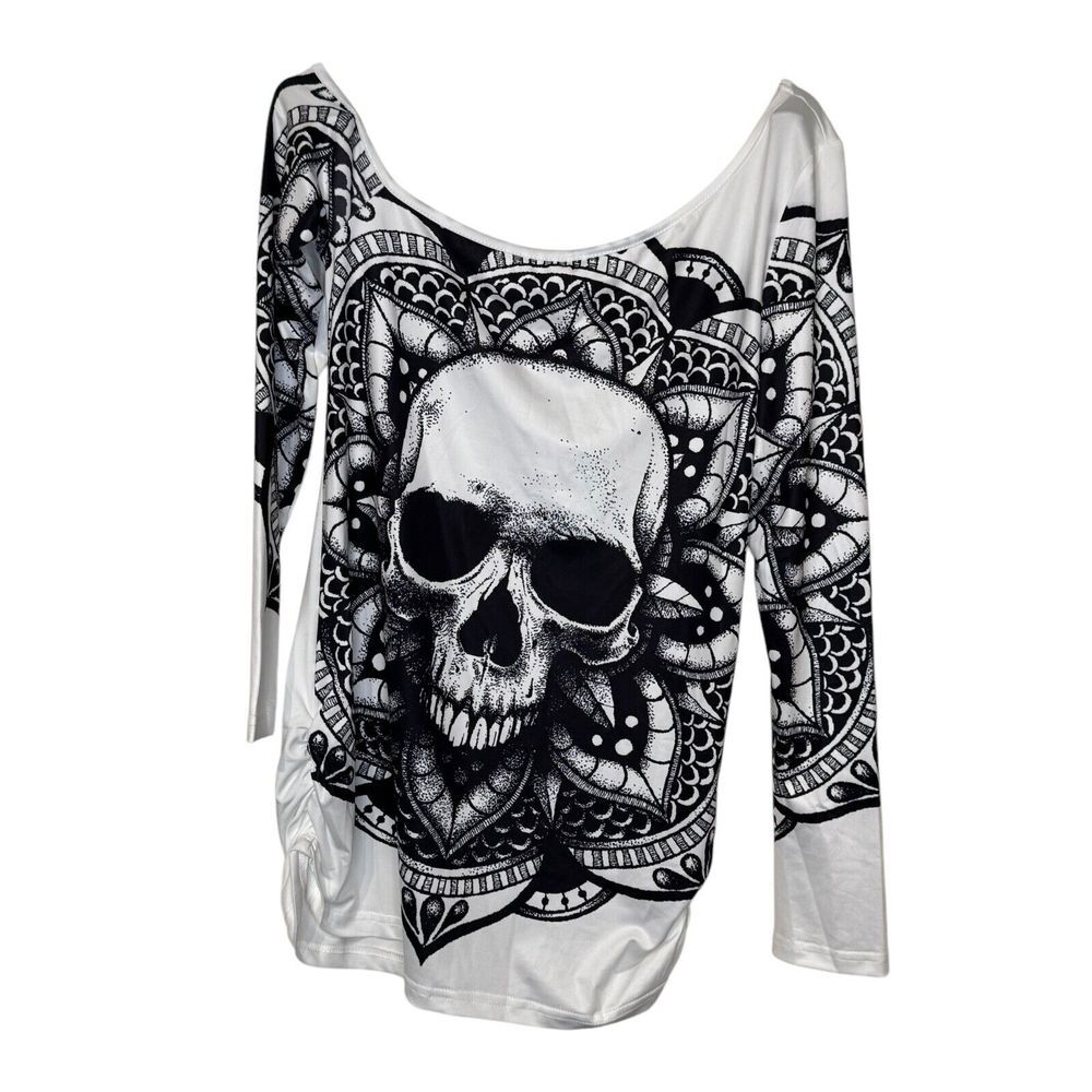 Dressfo Women's Top Gothic Skull Bone Print Long Sleeve Off Neck White Sz.6 NWT